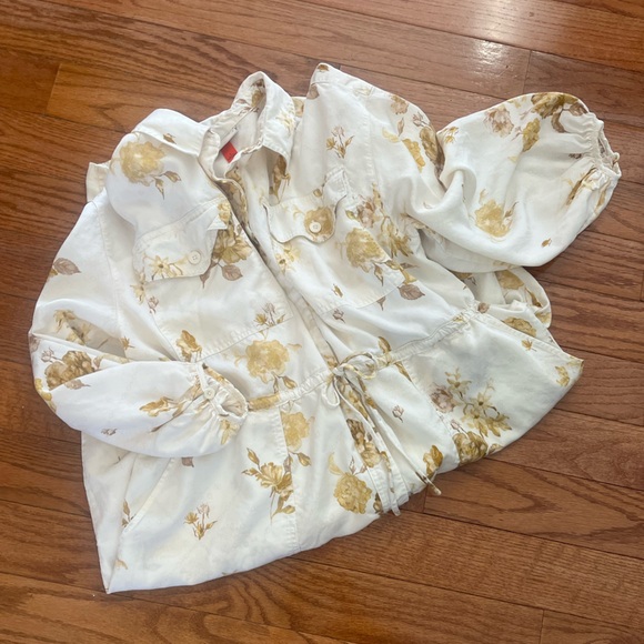 Artsy Teacher Full Button Down Shirt Dress Gold Roses on Cream Long Women’s L - Picture 10 of 16